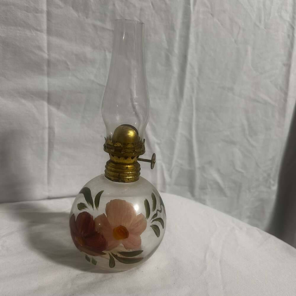 Vtg Virginia Poland Studios Hand Painted Floral Mini Oil Lamp Bubble Bath Bottle